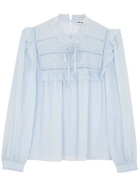 Self-Portrait Pale Blue Lace Yoke Ruffle Blouse